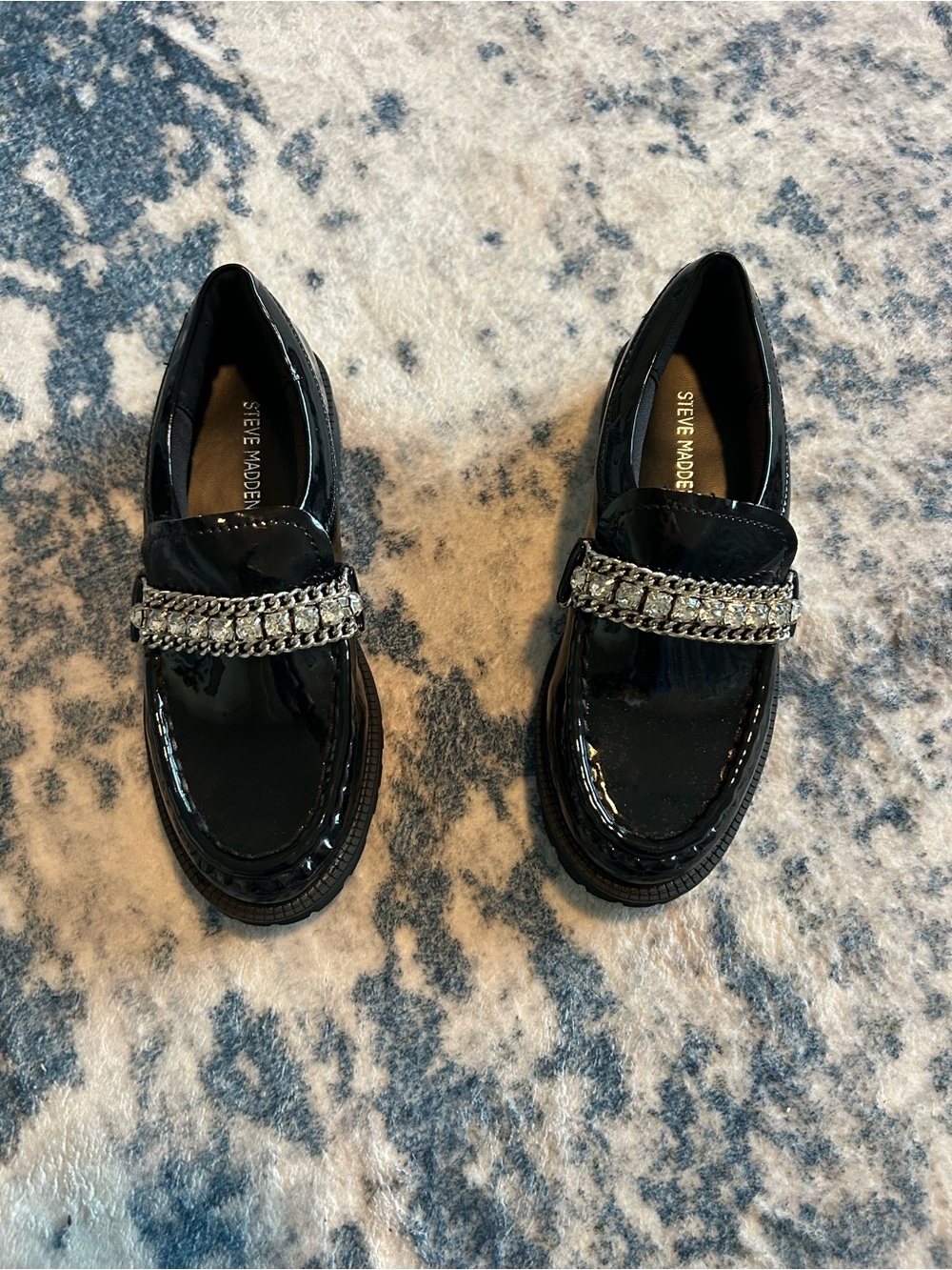 Steve Madden • Black Patent Loafers with Crystal Chain Accent • 1